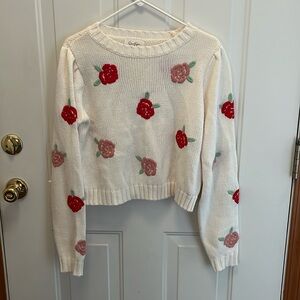 Jessica Simpson Cream Sweater with Red and Pink Rose Embroidery